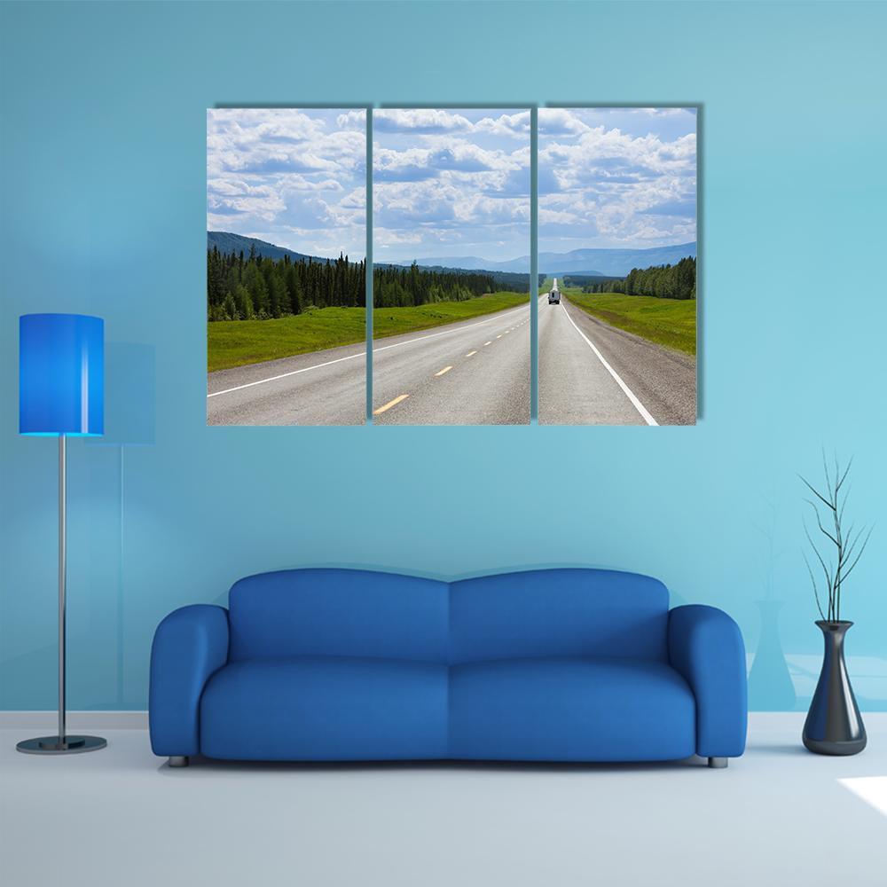 Vehicle On Empty Road Of Alaska Highway Canvas Wall Art-5 Star-Gallery Wrap-62" x 32"-Tiaracle