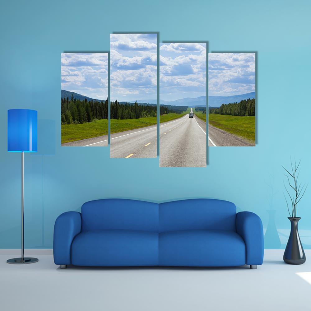 Vehicle On Empty Road Of Alaska Highway Canvas Wall Art-4 Pop-Gallery Wrap-50" x 32"-Tiaracle