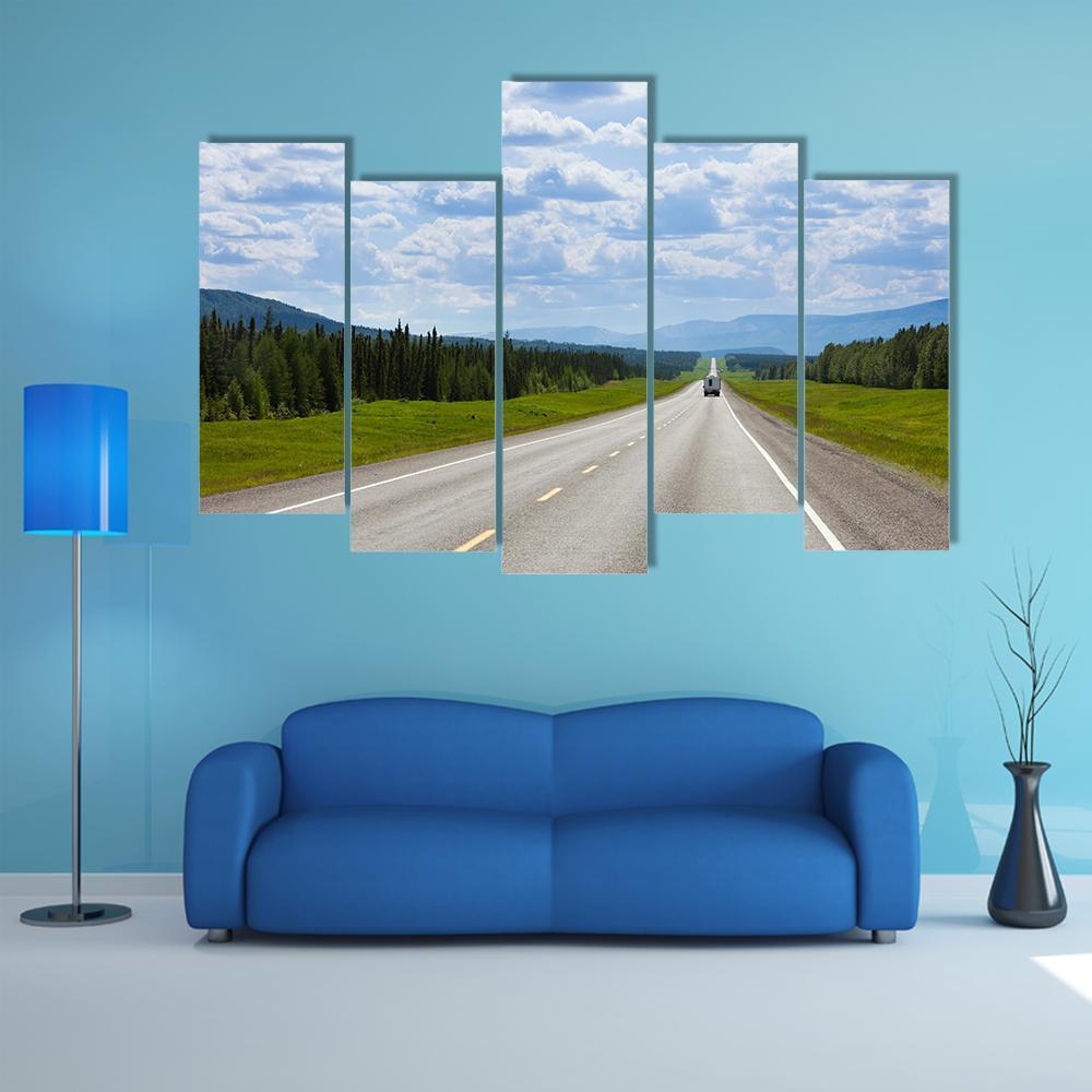 Vehicle On Empty Road Of Alaska Highway Canvas Wall Art-5 Pop-Gallery Wrap-47" x 32"-Tiaracle