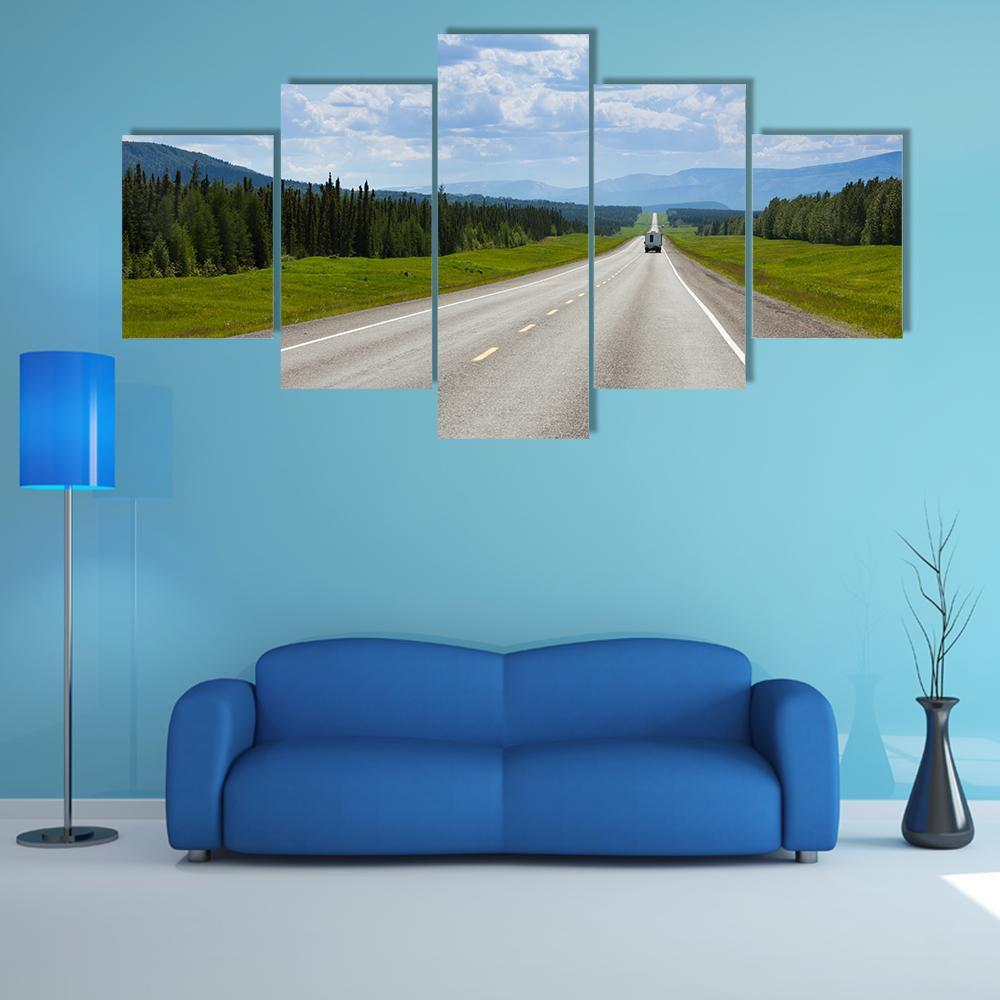 Vehicle On Empty Road Of Alaska Highway Canvas Wall Art-5 Star-Gallery Wrap-62" x 32"-Tiaracle
