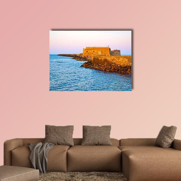 Venetian Fortress in Heraklion, Greece Canvas Wall Art in brown, orange and blue, single panel hung on a wall