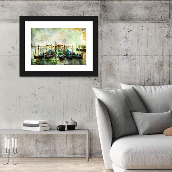 Venetian Gondolas - Painting Style Canvas Wall Art-3 Horizontal-Gallery Wrap-25" x 16"-Tiaracle