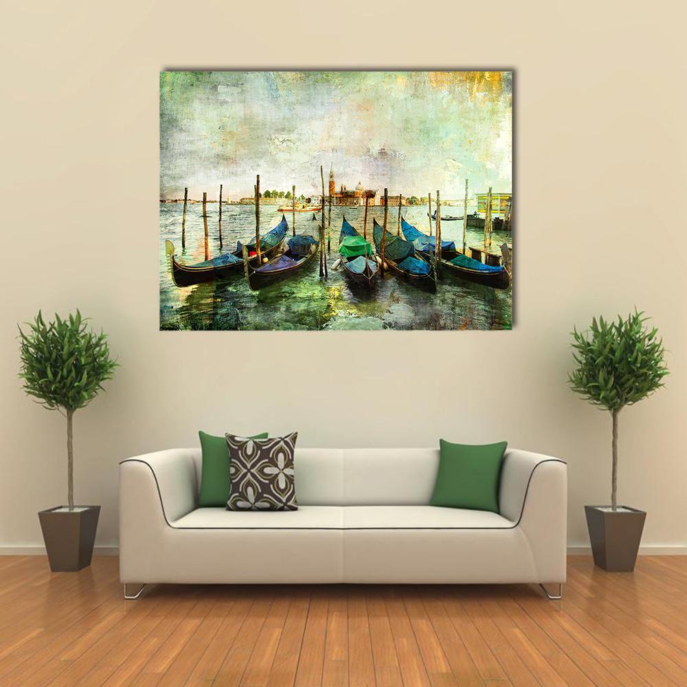 Gondolas in Venice by Day Canvas Wall Art in beige, green and blue, single panel hung on a wall