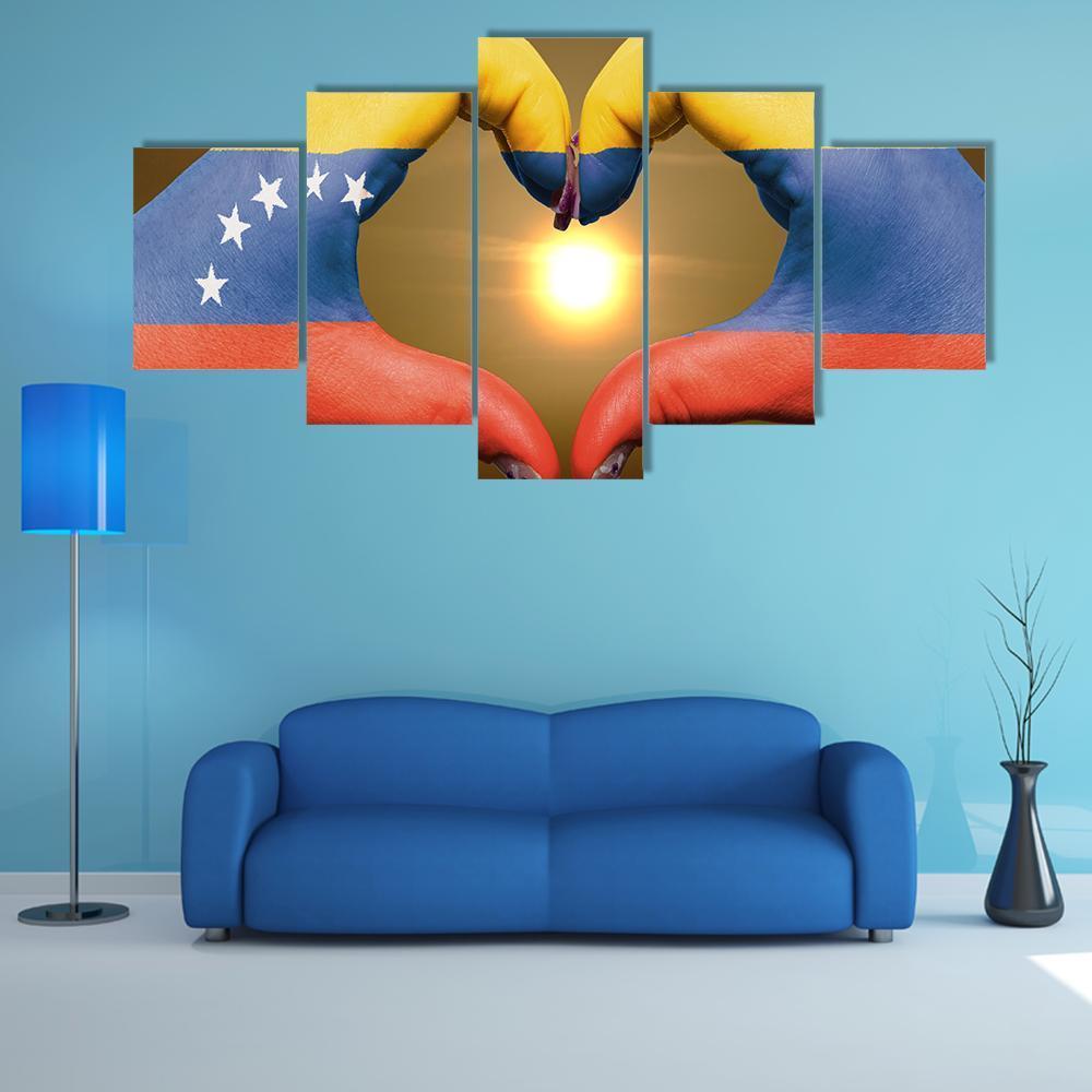 Venezuela Flag On Hands Canvas Wall Art-5 Star-Gallery Wrap-62" x 32"-Tiaracle