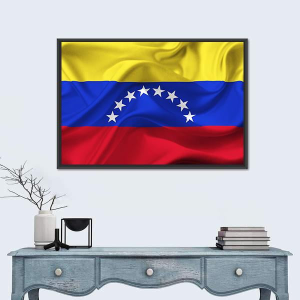Venezuelan Waving Flag with Seven Stars Canvas Wall Art in red, yellow and blue, framed canvas, product view on a white background