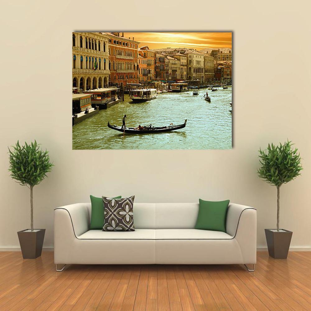 Venetian Grand Canal at Sunset Canvas Wall Art in brown, orange and yellow, single panel hung on a wall