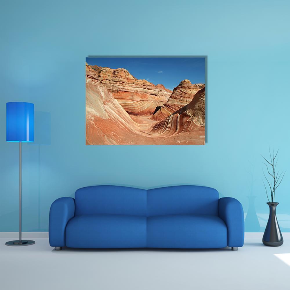 Vermilion Cliffs Swirling Sandstone Canyon Canvas Wall Art in beige, brown and orange, single panel hung on a wall