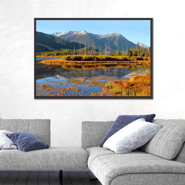 Vermilion Lakes Landscape In Banff National Park Panoramic Canvas Wall Art-1 Piece-36" x 12"-Tiaracle