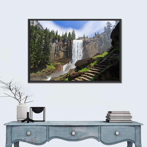 Yosemite Waterfall Amidst Greenery Canvas Wall Art in gray, brown and green, framed canvas, product view on a white background