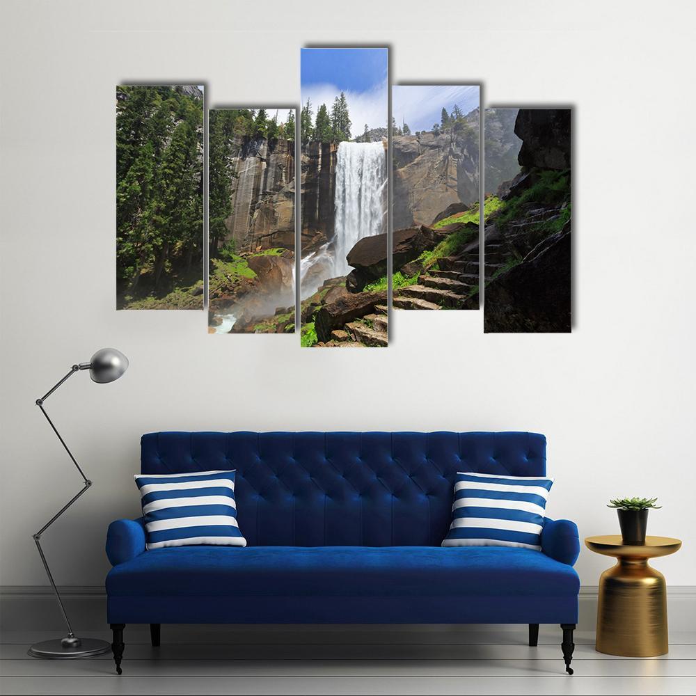 Vernal Fall In Yosemite National Park Canvas Wall Art-5 Pop-Gallery Wrap-47" x 32"-Tiaracle