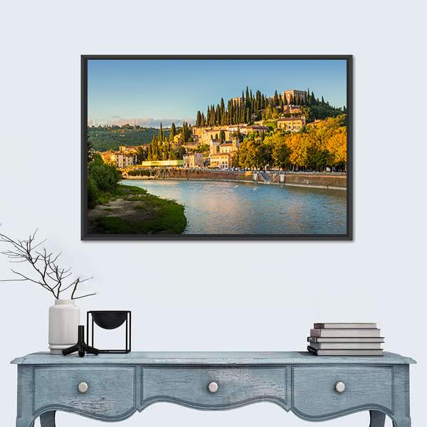 Verona Cityscape With Adige River And Church Canvas Wall Art-1 Piece-Floating Frame-24" x 16"-Tiaracle
