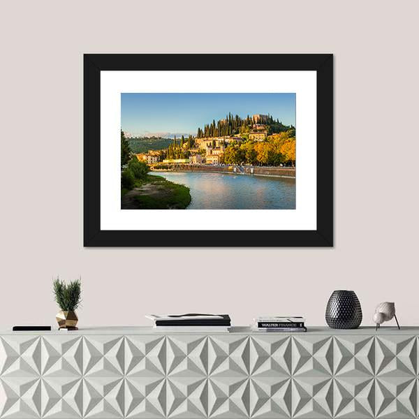 Verona Cityscape With Adige River And Church Canvas Wall Art-1 Piece-Framed Print-20" x 16"-Tiaracle