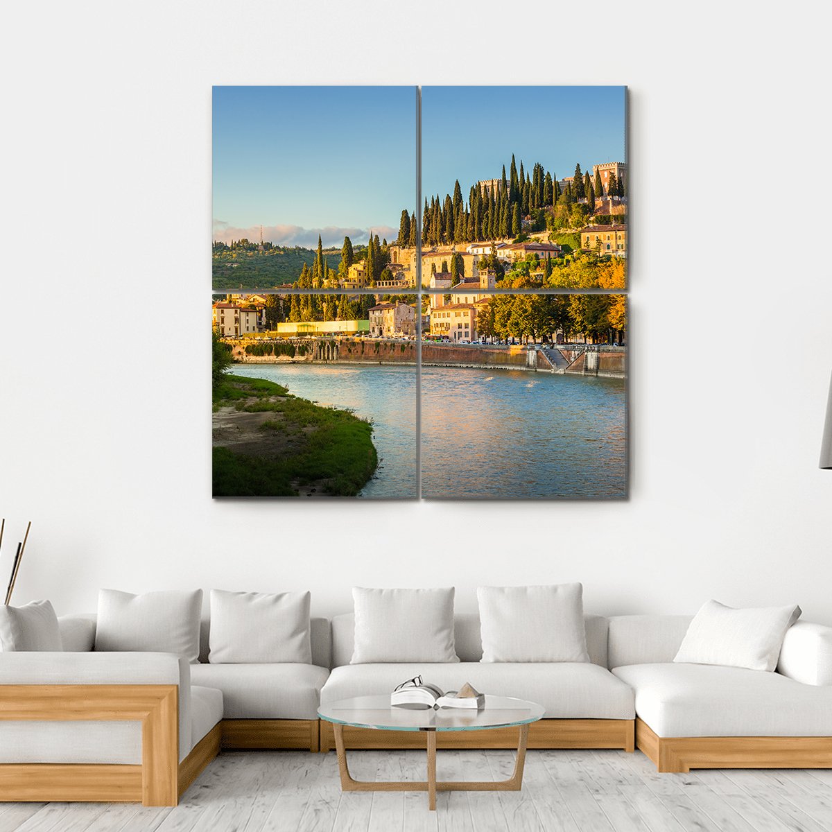 Verona Cityscape With Adige River And Church Canvas Wall Art-4 Square-Gallery Wrap-17" x 17"-Tiaracle