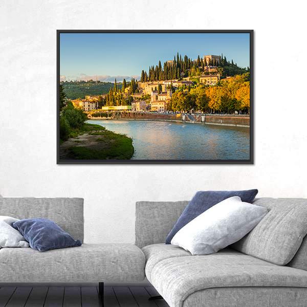 Verona Cityscape With Adige River And Church Canvas Wall Art-5 Horizontal-Gallery Wrap-22" x 12"-Tiaracle