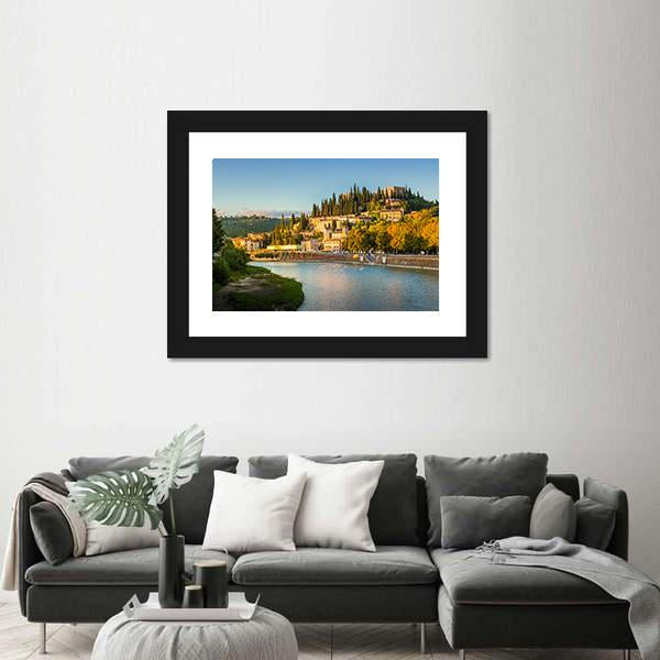 Verona Cityscape With Adige River And Church Canvas Wall Art-3 Horizontal-Gallery Wrap-25" x 16"-Tiaracle