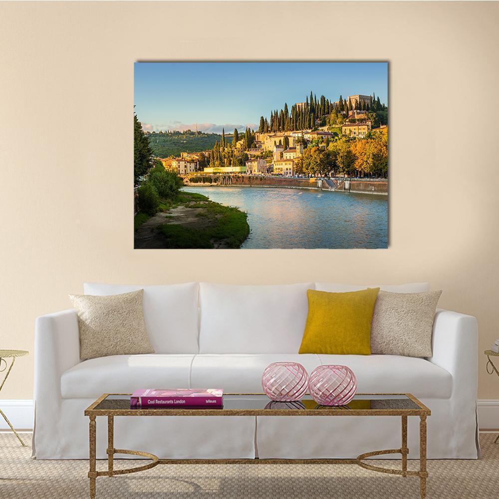 Verona Cityscape With Adige River And Church Canvas Wall Art-1 Piece-Gallery Wrap-48" x 32"-Tiaracle