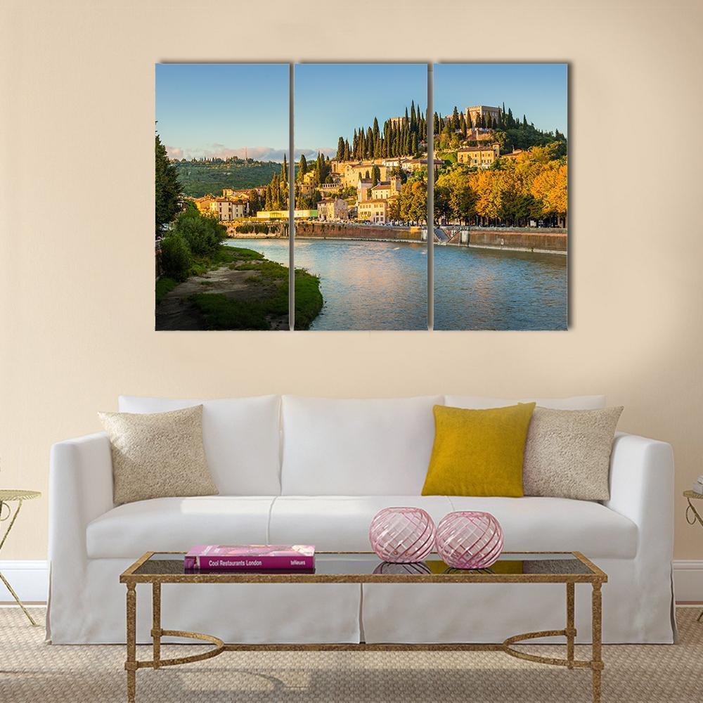 Verona Cityscape With Adige River And Church Canvas Wall Art-3 Horizontal-Gallery Wrap-37" x 24"-Tiaracle