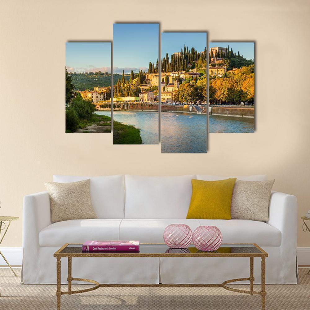 Verona Cityscape With Adige River And Church Canvas Wall Art-4 Pop-Gallery Wrap-50" x 32"-Tiaracle