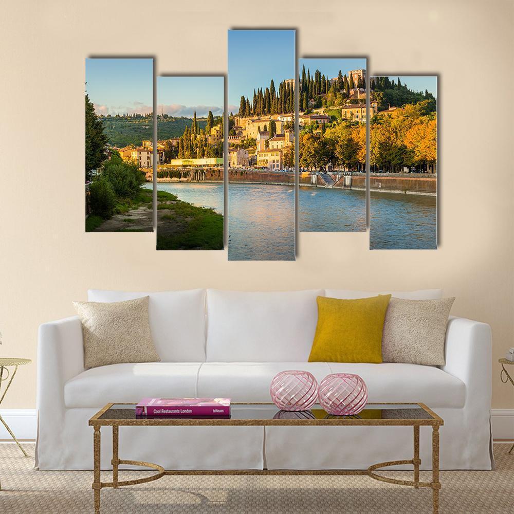 Verona Cityscape With Adige River And Church Canvas Wall Art-5 Pop-Gallery Wrap-47" x 32"-Tiaracle
