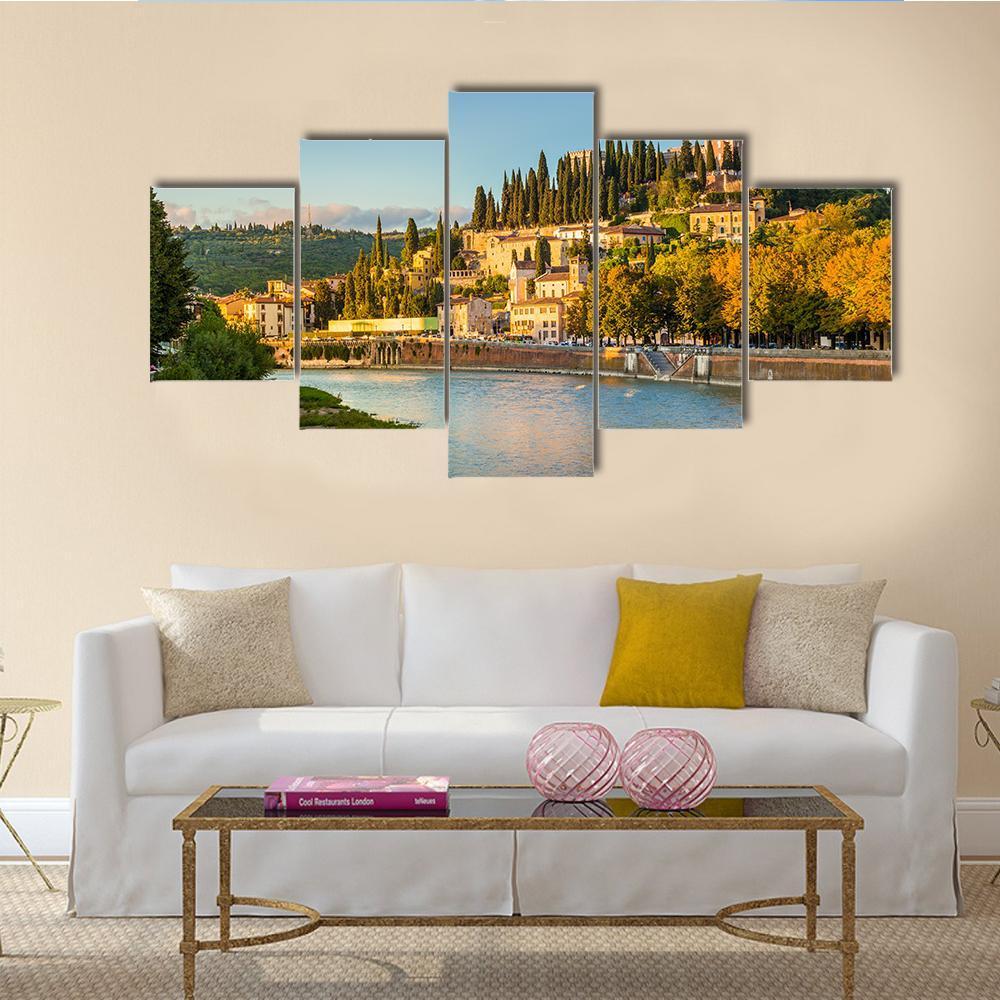 Verona Cityscape With Adige River And Church Canvas Wall Art-5 Star-Gallery Wrap-62" x 32"-Tiaracle