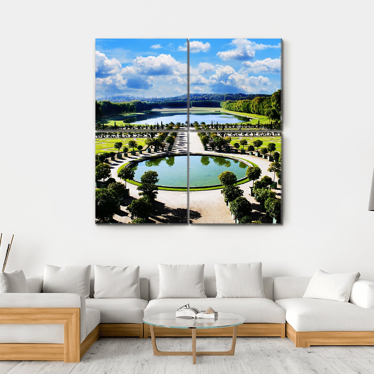 Versailles Royal Garden in Paris Canvas Wall Art in white, green and blue, hung on a wall