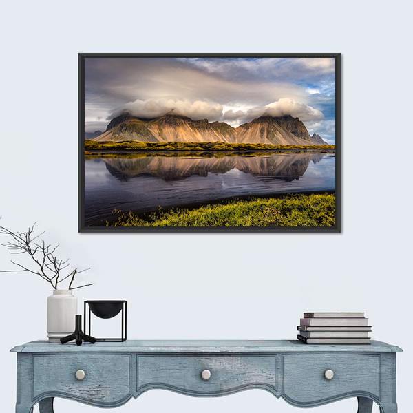Vestrahorn Mountain In Iceland Canvas Wall Art-1 Piece-Floating Frame-24" x 16"-Tiaracle