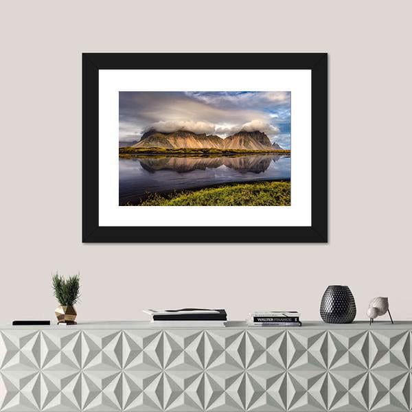 Vestrahorn Mountain In Iceland Canvas Wall Art-1 Piece-Framed Print-20" x 16"-Tiaracle