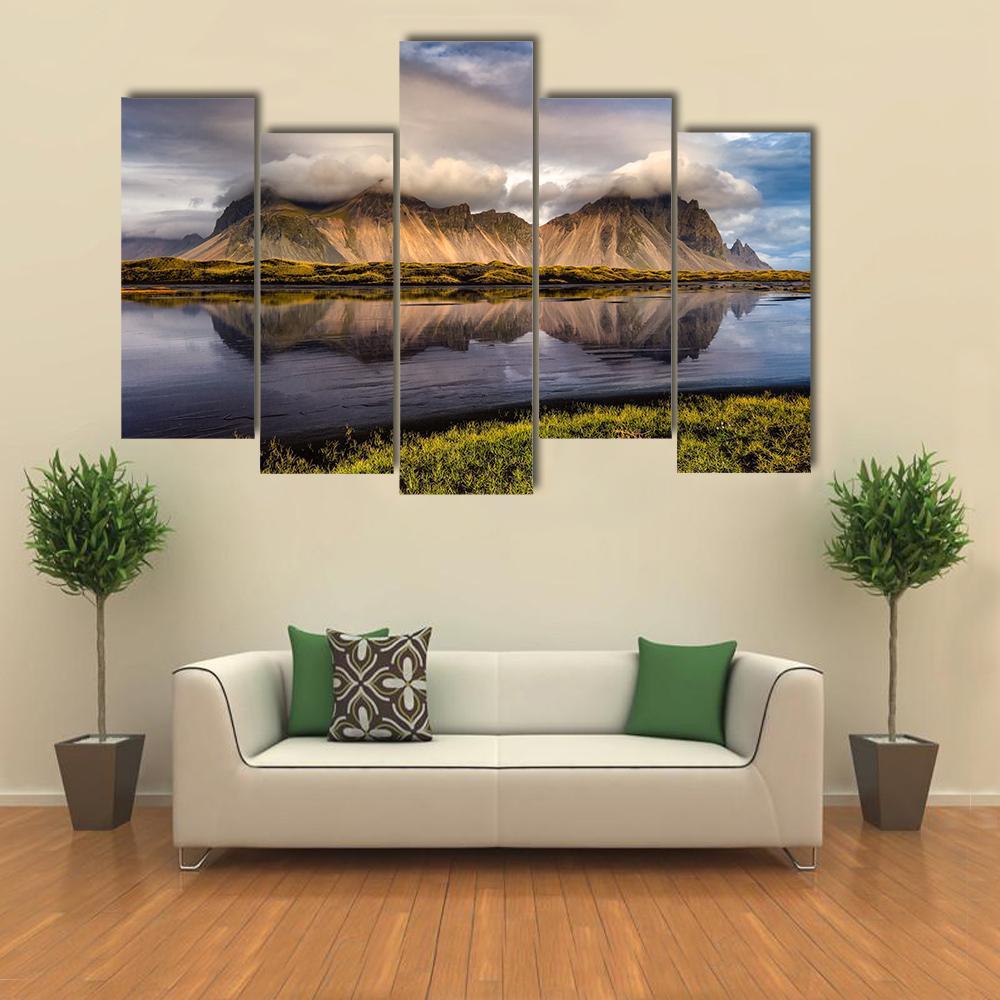 Vestrahorn Mountain In Iceland Canvas Wall Art-5 Pop-Gallery Wrap-47" x 32"-Tiaracle