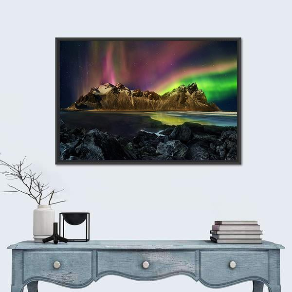 Vestrahorn Mountain Range And Aurora Borealis Canvas Wall Art-1 Piece-Floating Frame-24" x 16"-Tiaracle