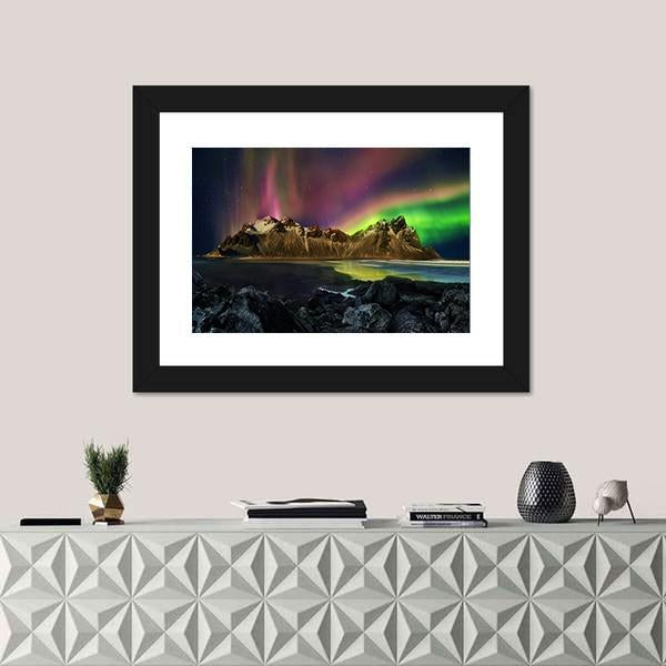 Vestrahorn Mountain Range And Aurora Borealis Canvas Wall Art-1 Piece-Framed Print-20" x 16"-Tiaracle