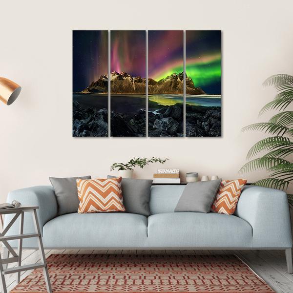 Vestrahorn Mountain Range And Aurora Borealis Canvas Wall Art-4 Horizontal-Gallery Wrap-34" x 24"-Tiaracle