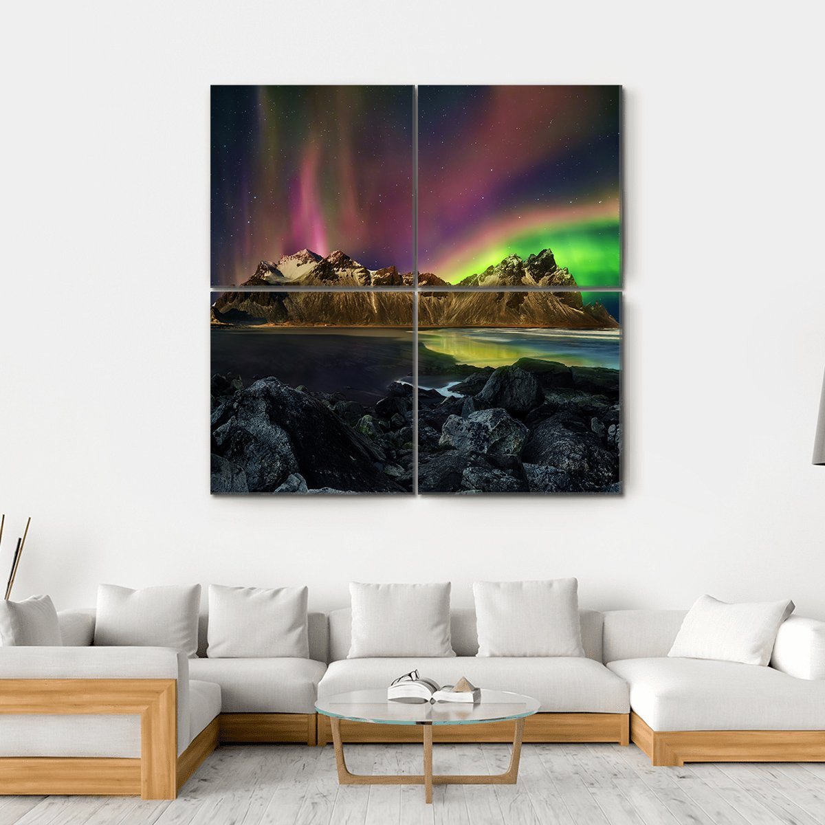 Vestrahorn Mountain Range And Aurora Borealis Canvas Wall Art-4 Square-Gallery Wrap-17" x 17"-Tiaracle