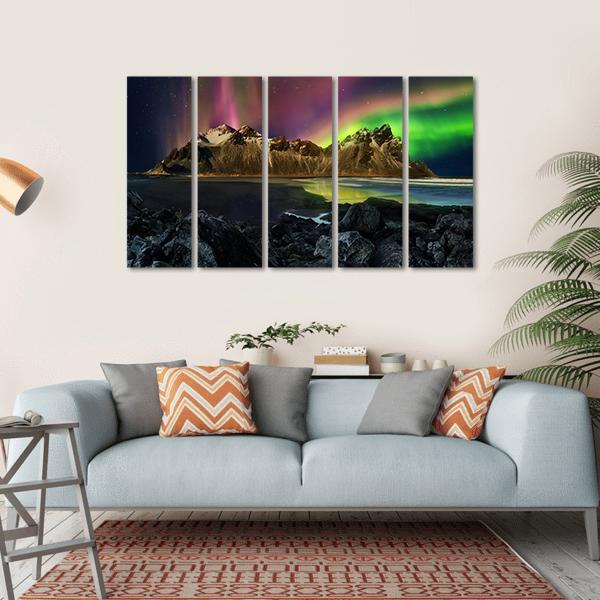 Vestrahorn Mountain Range And Aurora Borealis Canvas Wall Art-5 Horizontal-Gallery Wrap-22" x 12"-Tiaracle