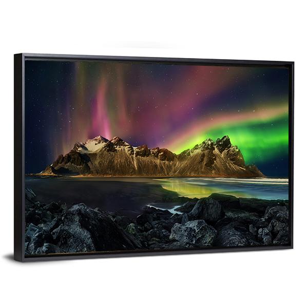 Vestrahorn Mountain Range And Aurora Borealis Canvas Wall Art-3 Horizontal-Gallery Wrap-25" x 16"-Tiaracle