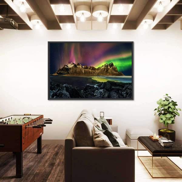 Vestrahorn Mountain Range And Aurora Borealis Canvas Wall Art-3 Horizontal-Gallery Wrap-25" x 16"-Tiaracle