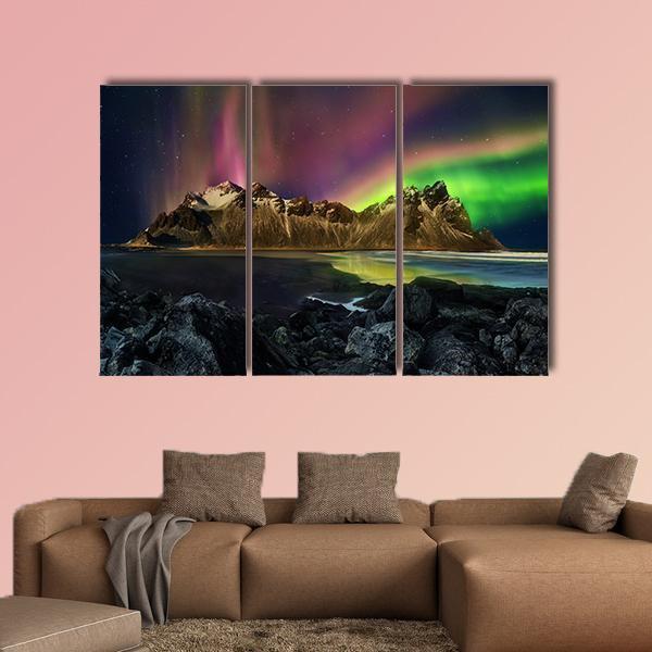 Vestrahorn Mountain Range And Aurora Borealis Canvas Wall Art-3 Horizontal-Gallery Wrap-25" x 16"-Tiaracle