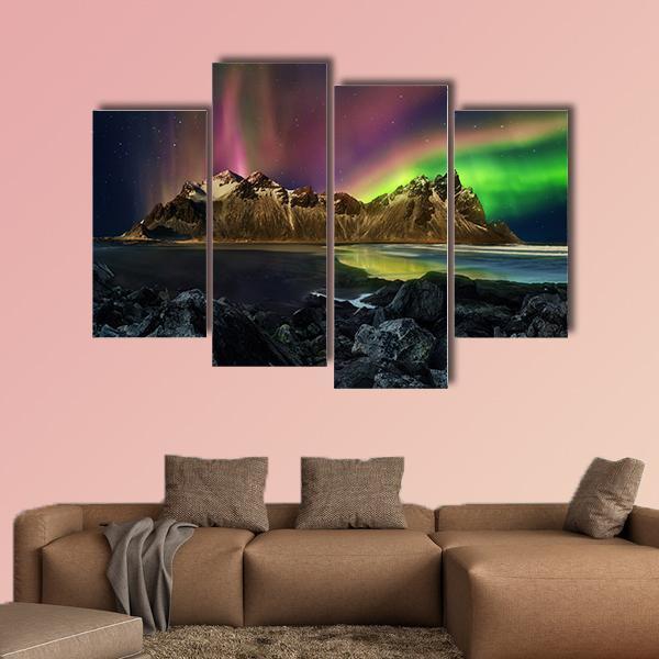 Vestrahorn Mountain Range And Aurora Borealis Canvas Wall Art-4 Pop-Gallery Wrap-50" x 32"-Tiaracle