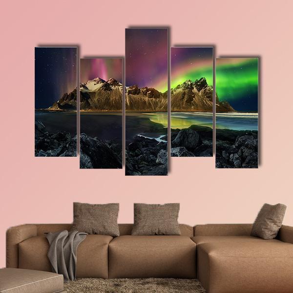 Vestrahorn Mountain Range And Aurora Borealis Canvas Wall Art-5 Pop-Gallery Wrap-47" x 32"-Tiaracle