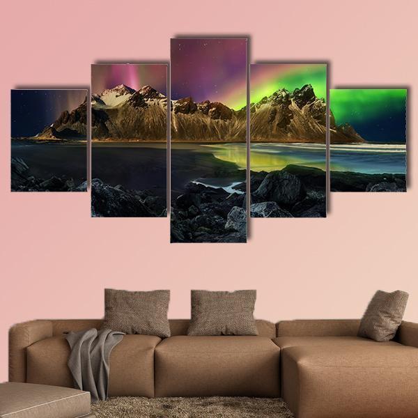 Vestrahorn Mountain Range And Aurora Borealis Canvas Wall Art-5 Star-Gallery Wrap-62" x 32"-Tiaracle