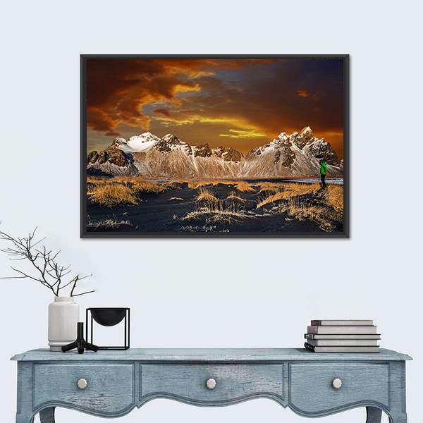 Vestrahorn Mountains In Iceland Canvas Wall Art-1 Piece-Floating Frame-24" x 16"-Tiaracle