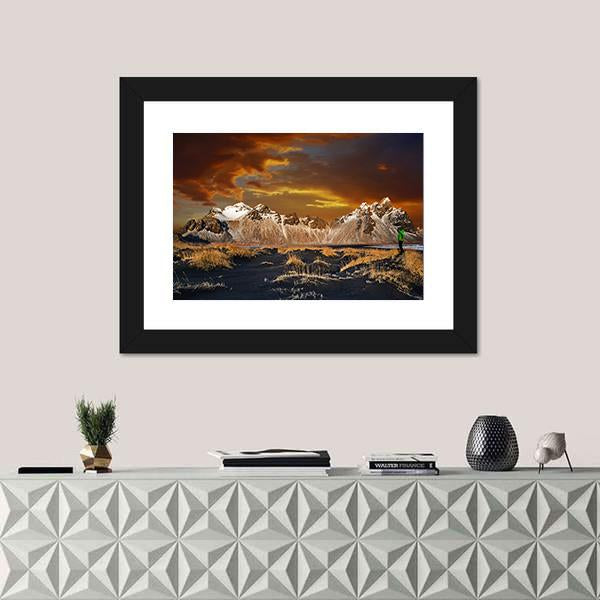 Vestrahorn Mountains In Iceland Canvas Wall Art-1 Piece-Framed Print-20" x 16"-Tiaracle