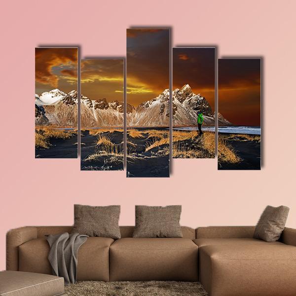 Vestrahorn Mountains In Iceland Canvas Wall Art-5 Pop-Gallery Wrap-47" x 32"-Tiaracle