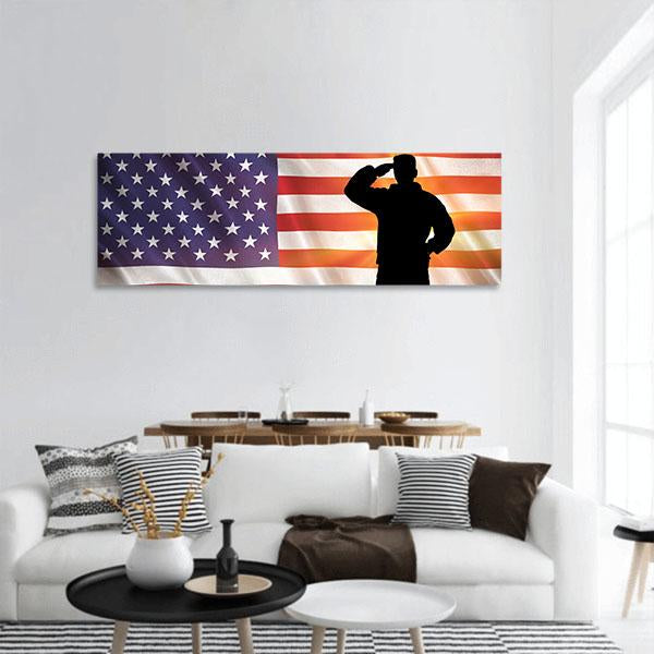 Veteran Silhouette With Flag Of The USA Panoramic Canvas Wall Art-1 Piece-36" x 12"-Tiaracle