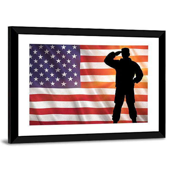Veteran Silhouette With Flag Of The USA Panoramic Canvas Wall Art-1 Piece-36" x 12"-Tiaracle