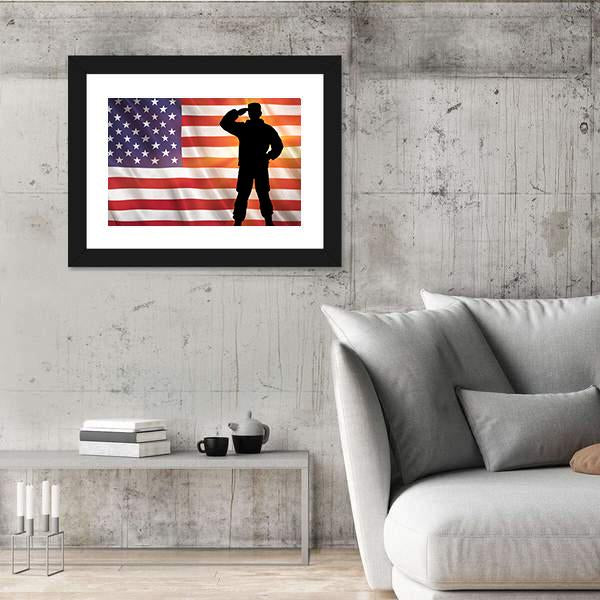 Veteran Silhouette With Flag Of The USA Panoramic Canvas Wall Art-1 Piece-36" x 12"-Tiaracle