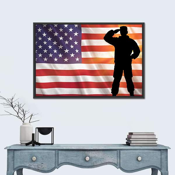 Veteran Silhouette With Flag Of The USA Panoramic Canvas Wall Art-1 Piece-36" x 12"-Tiaracle