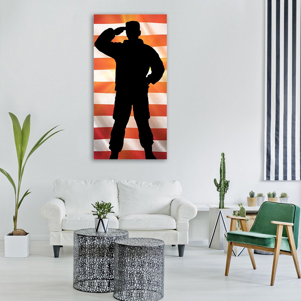 Veteran Silhouette With Flag Of The USA Vertical Canvas Wall Art-3 Vertical-Gallery Wrap-12" x 25"-Tiaracle