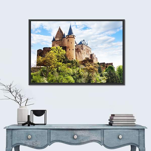Vianden Castle Fortifications Canvas Wall Art in brown, green and blue, framed canvas, product view on a white background