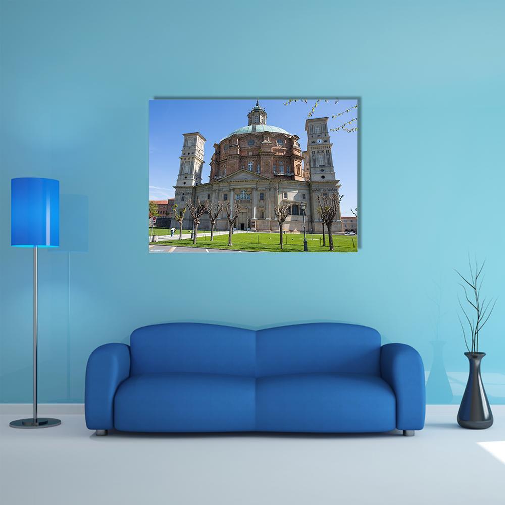 Vicoforte Sanctuary Church, Italy Canvas Wall Art in brown, green and blue, single panel hung on a wall