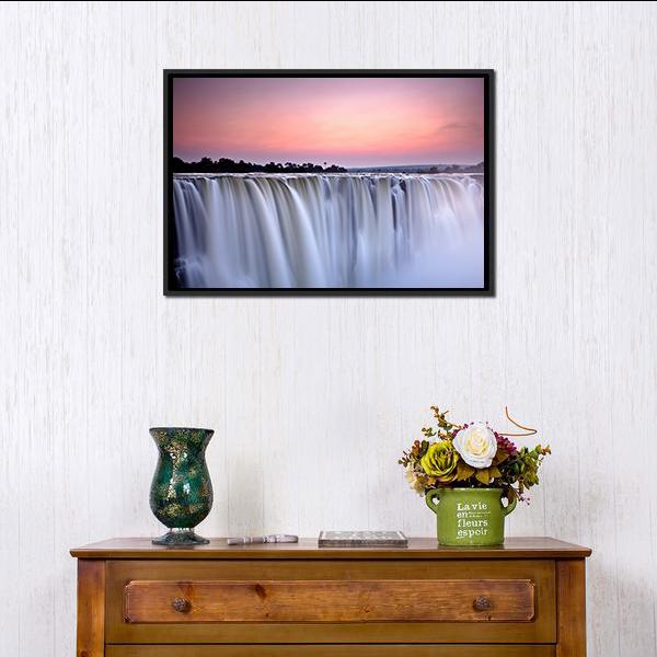Victoria Falls Sunset Long Exposure Canvas Wall Art in white, purple and pink, framed canvas, product view on a white background